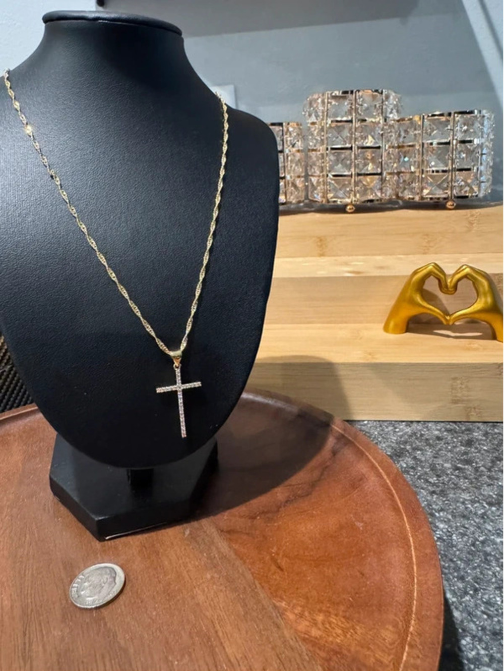 18” cross cz fashion gold toned necklace